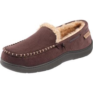 NEW Mens Sz 10 1/2 Brown Memory Foam Faux Suede Faux Fur Lined Moccasin Slippers